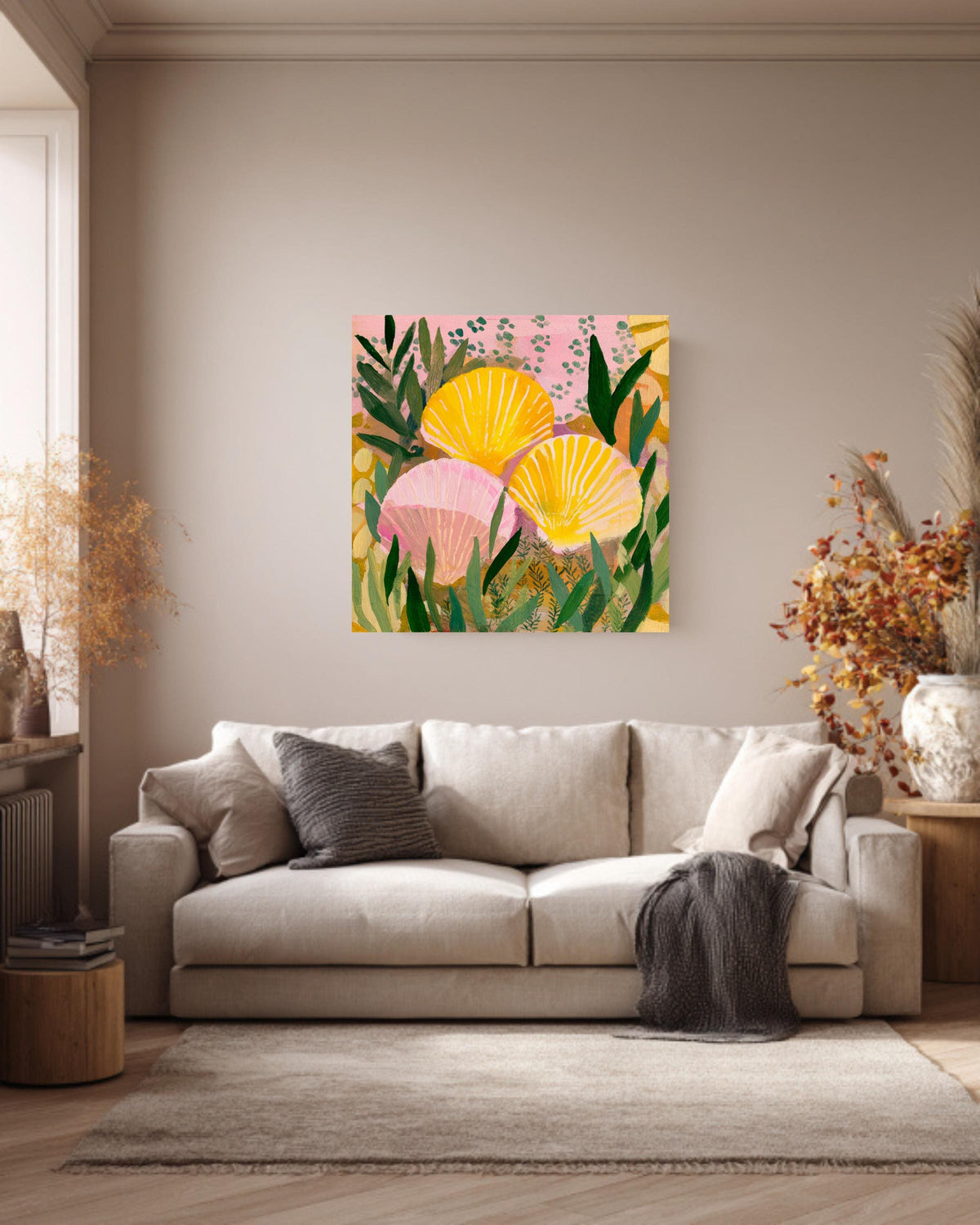 Yellow and Pink Seashell Painting with Green Plant Pattern, Bold Color Wall Art, Flat Style Illustration, Framed Poster