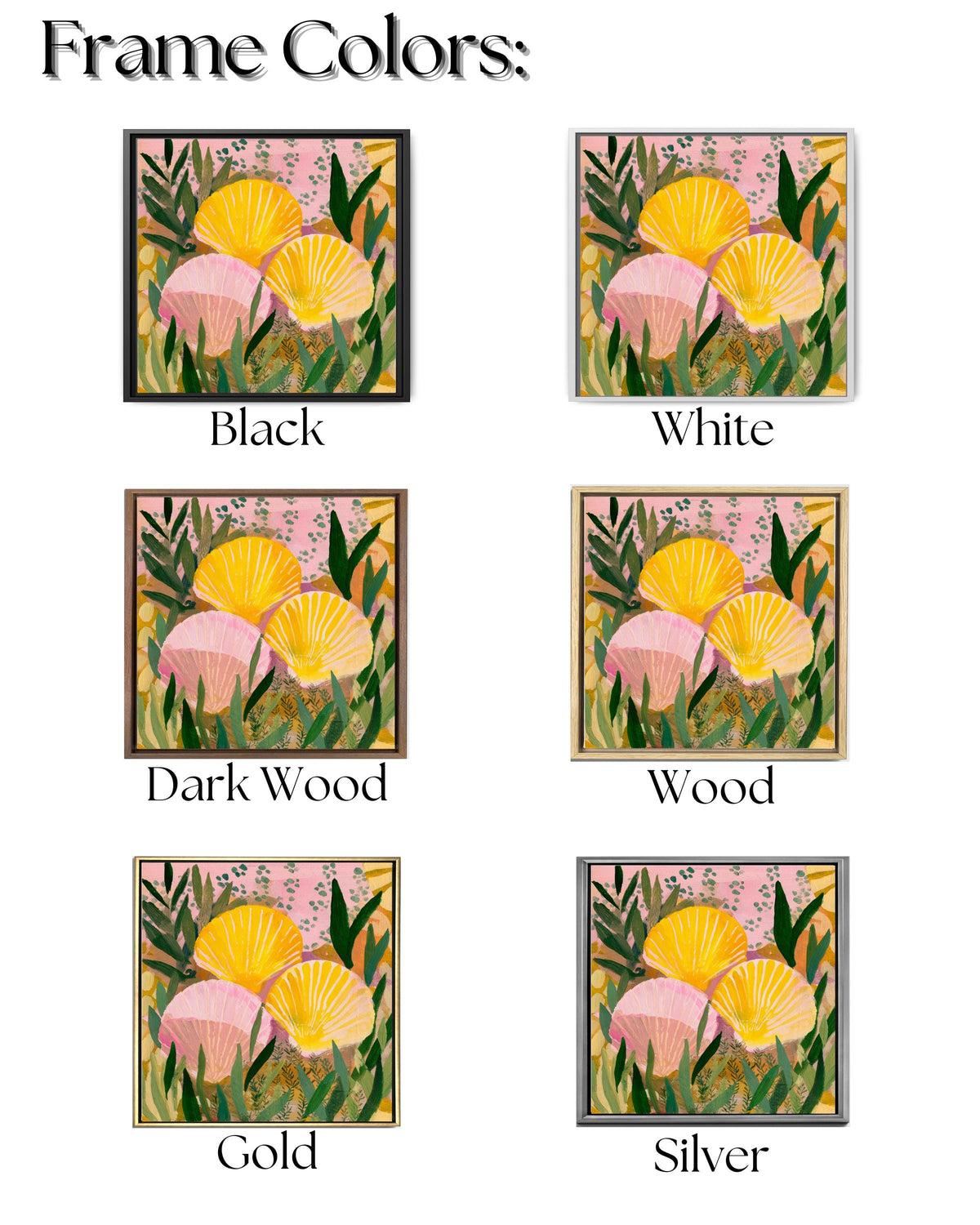 Yellow and Pink Seashell Painting with Green Plant Pattern, Bold Color Wall Art, Flat Style Illustration, Framed Poster