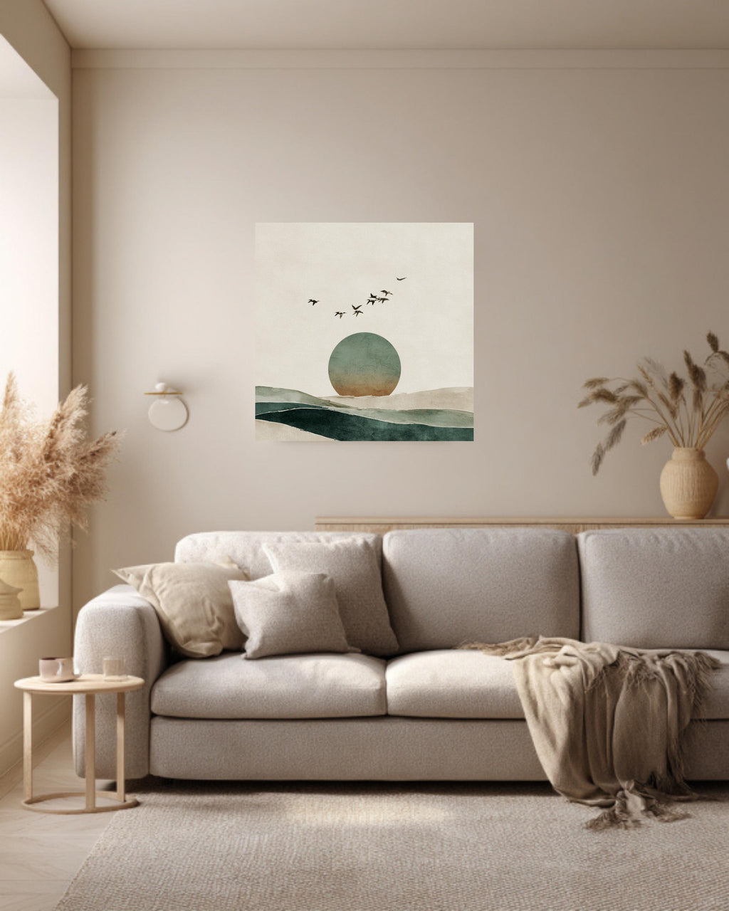 Japandi Horizon Art Print, Birds and Circle, Beige Green Watercolor