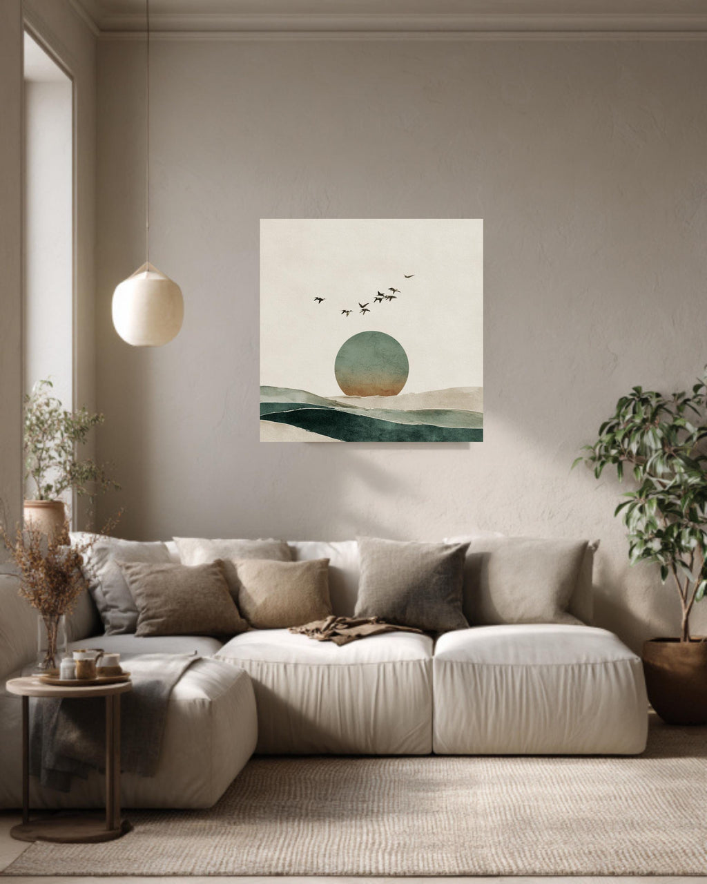 Japandi Horizon Art Print, Birds and Circle, Beige Green Watercolor