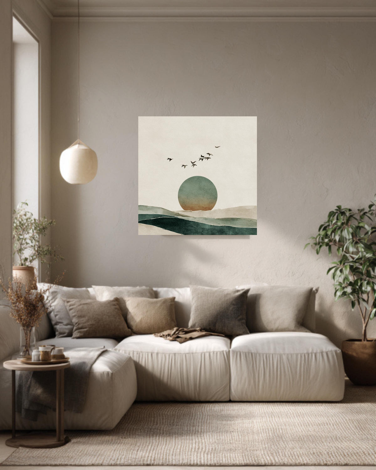 Japandi Horizon Art Print, Birds and Circle, Beige Green Watercolor
