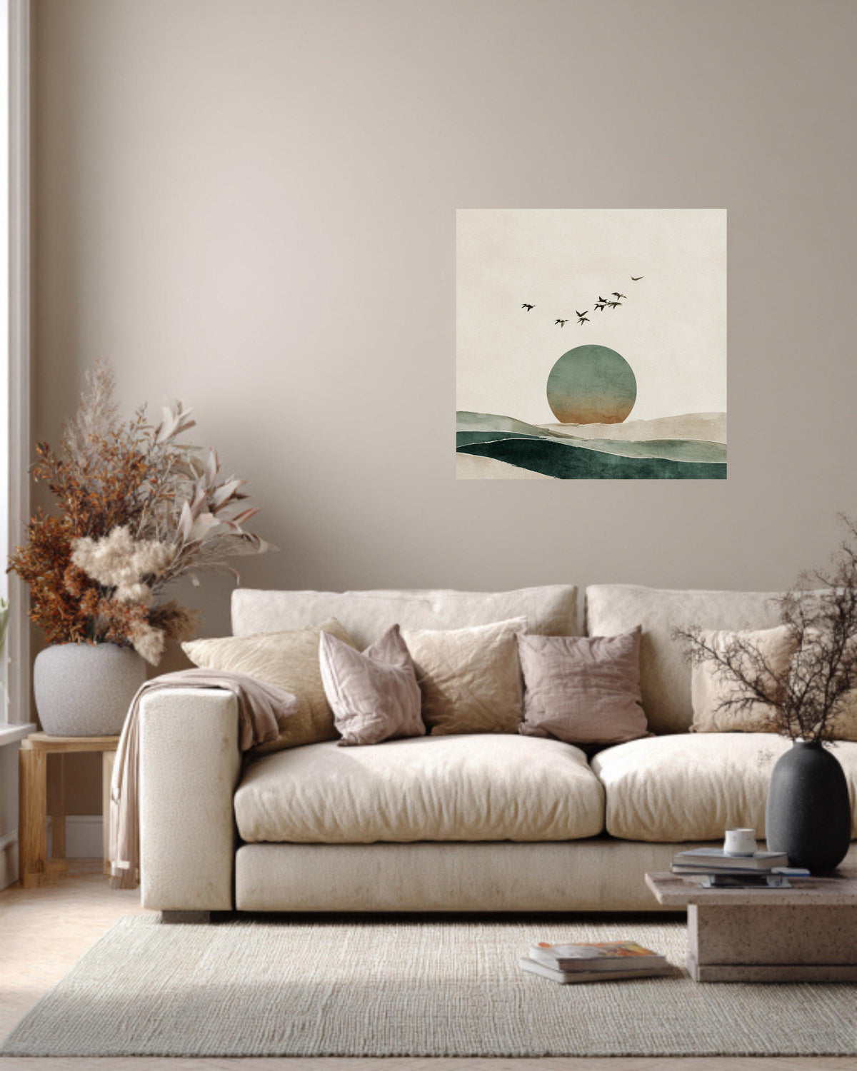 Japandi Horizon Art Print, Birds and Circle, Beige Green Watercolor