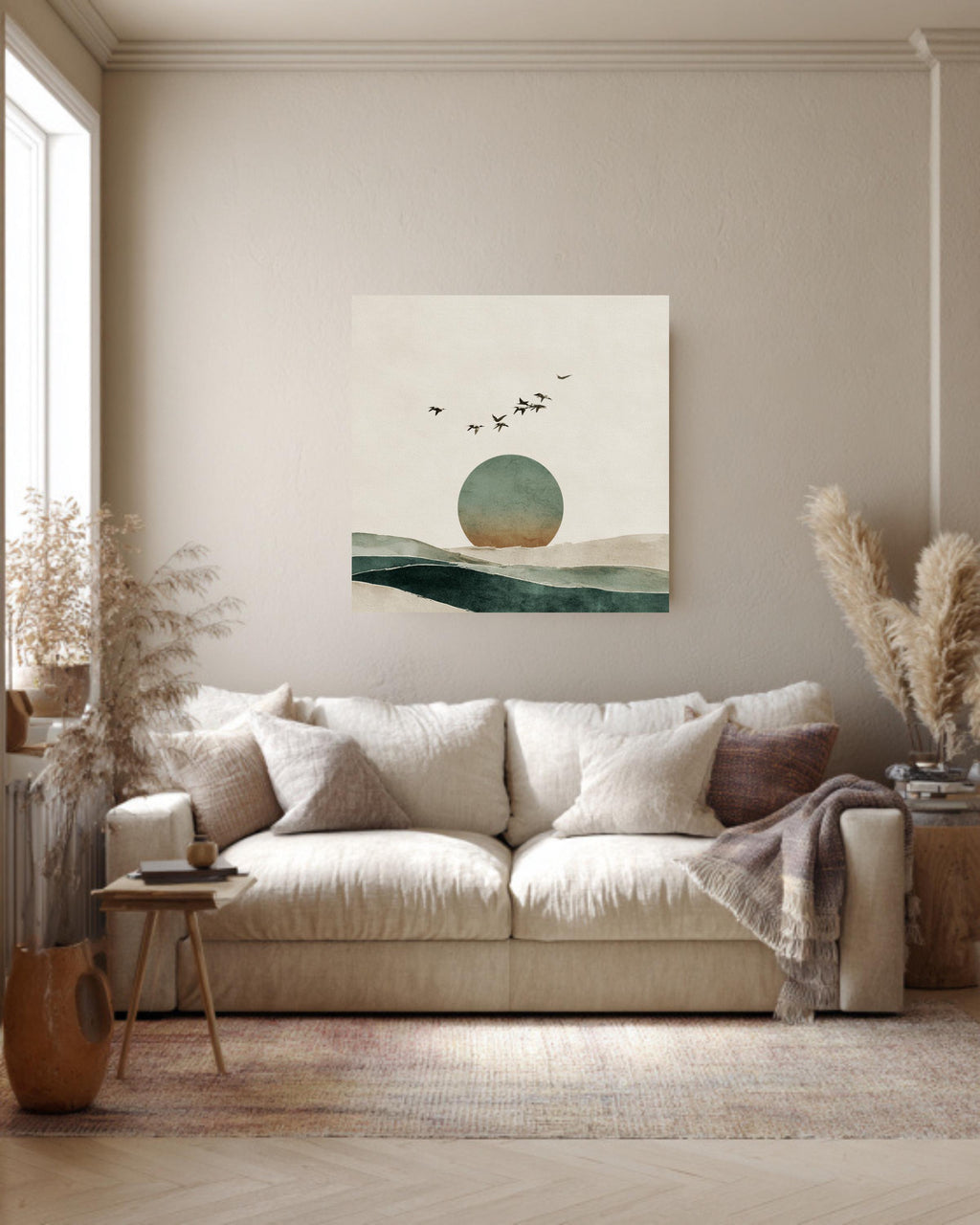 Japandi Horizon Art Print, Birds and Circle, Beige Green Watercolor