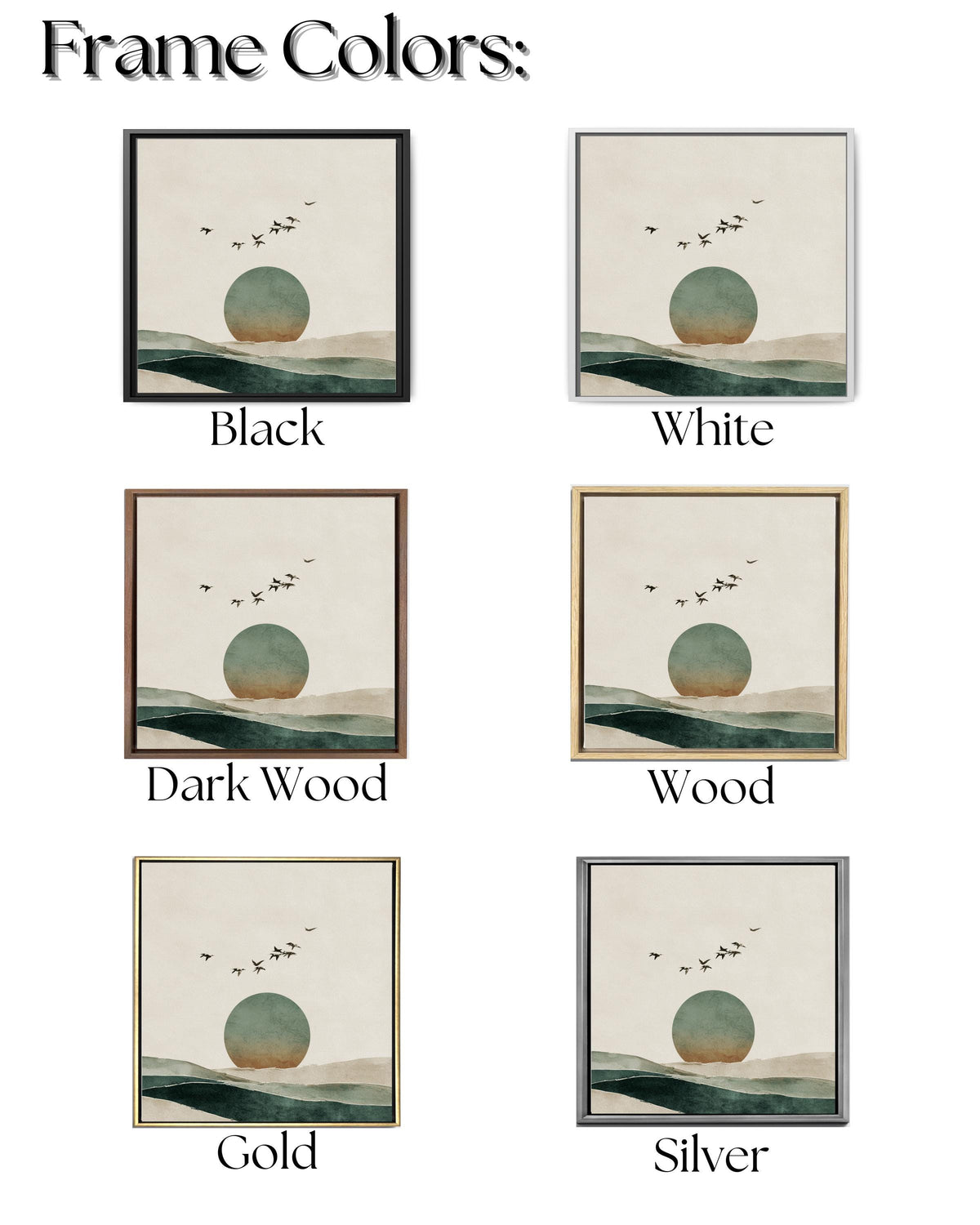 Japandi Horizon Art Print, Birds and Circle, Beige Green Watercolor