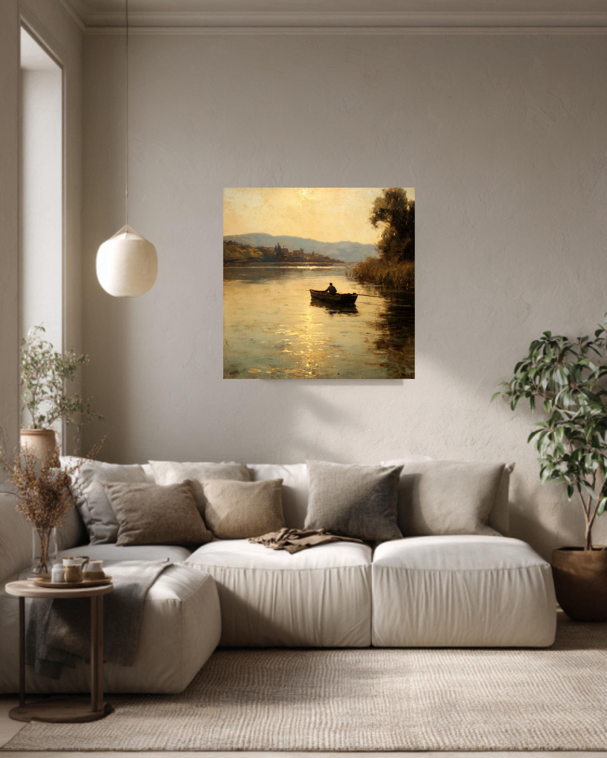 Vintage Riverside Oil Painting, Man Fishing, Tranquil Wall Art