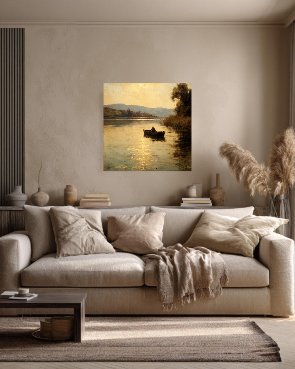 Vintage Riverside Oil Painting, Man Fishing, Tranquil Wall Art