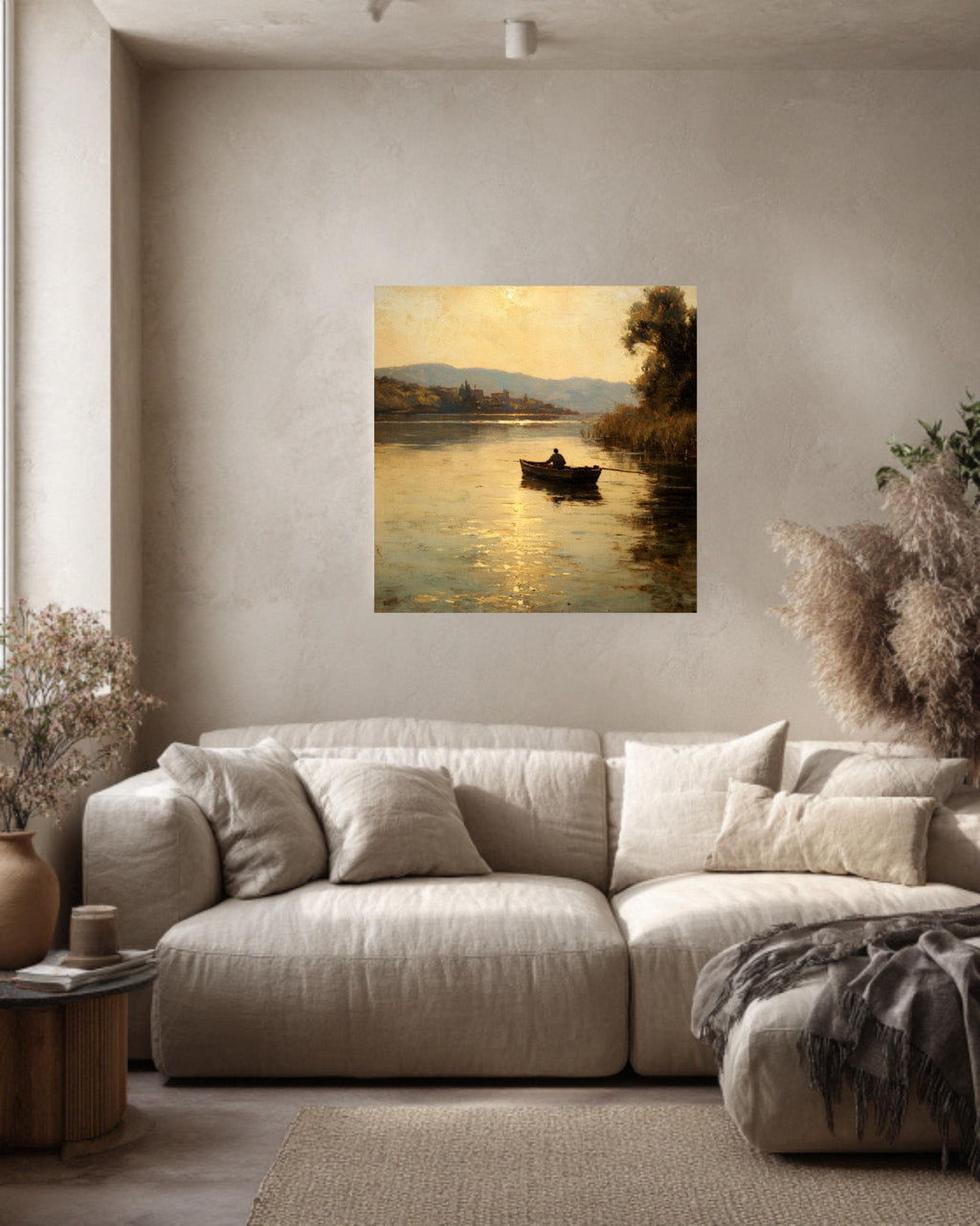Vintage Riverside Oil Painting, Man Fishing, Tranquil Wall Art