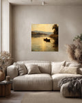 Vintage Riverside Oil Painting, Man Fishing, Tranquil Wall Art
