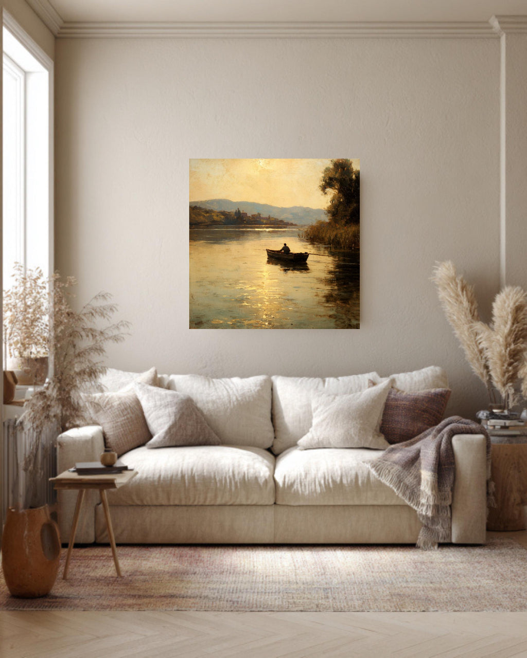 Vintage Riverside Oil Painting, Man Fishing, Tranquil Wall Art