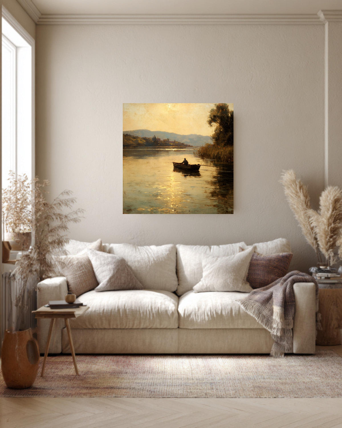 Vintage Riverside Oil Painting, Man Fishing, Tranquil Wall Art