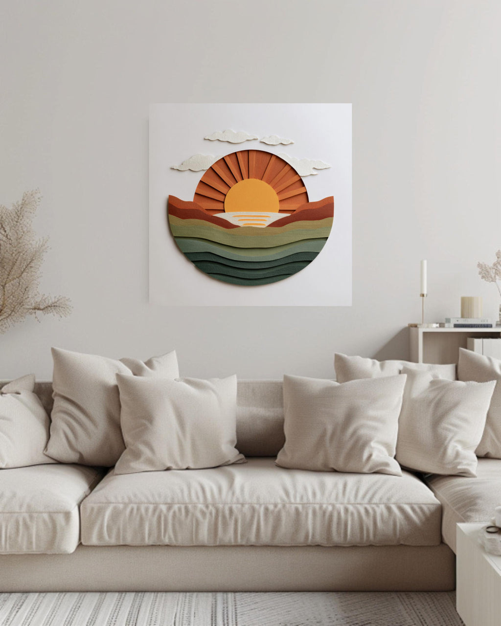Minimalist Sun Rising Canvas, Earthy Green & Orange Wall Art, Modern Paper Art, Abstract Coastal Home Decor