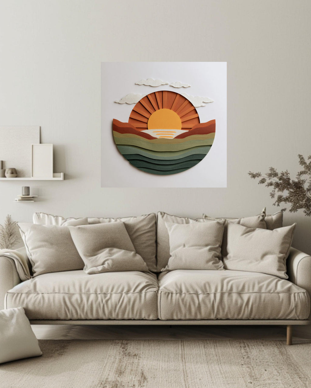 Minimalist Sun Rising Canvas, Earthy Green & Orange Wall Art, Modern Paper Art, Abstract Coastal Home Decor