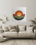 Minimalist Sun Rising Canvas, Earthy Green & Orange Wall Art, Modern Paper Art, Abstract Coastal Home Decor