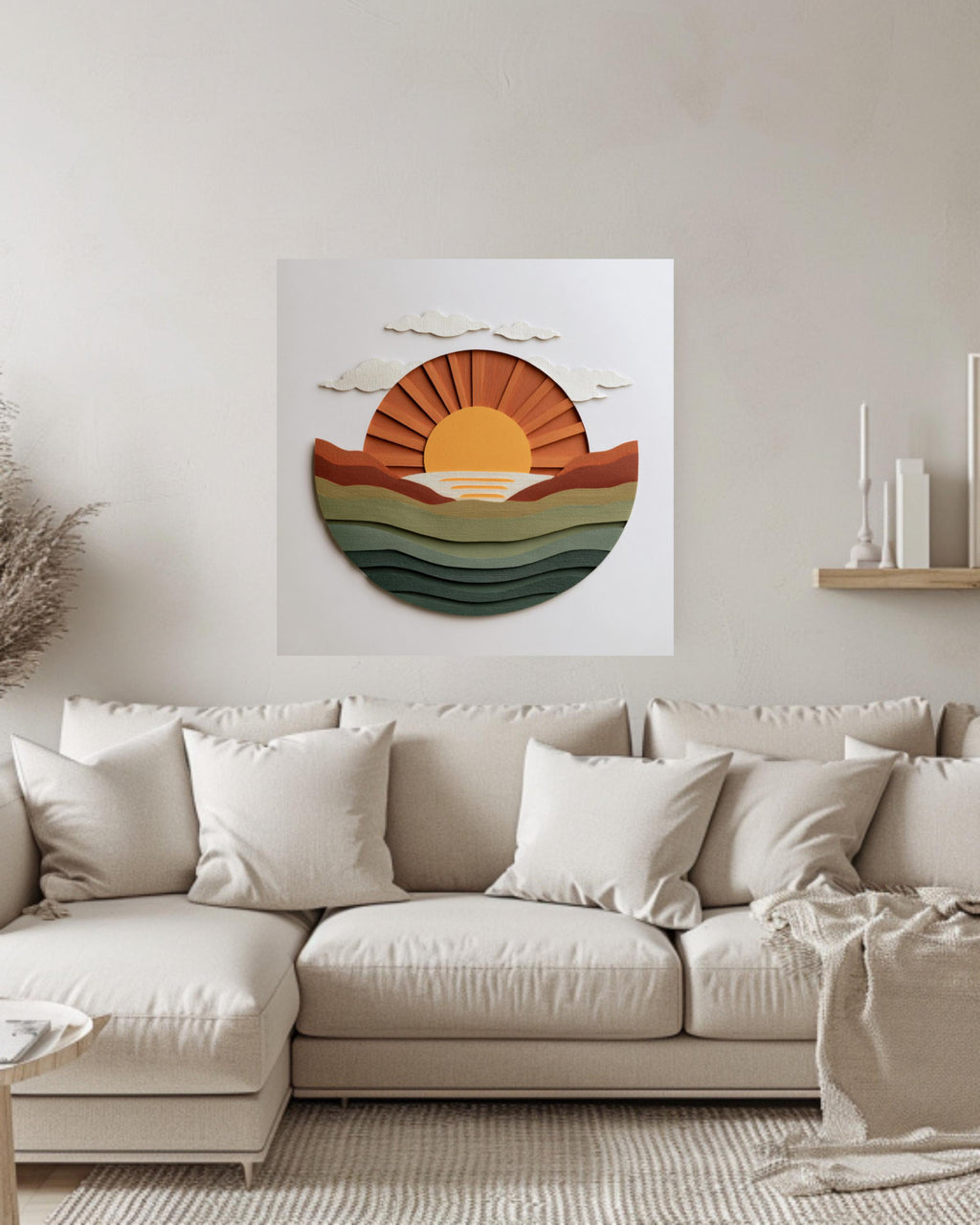 Minimalist Sun Rising Canvas, Earthy Green & Orange Wall Art, Modern Paper Art, Abstract Coastal Home Decor