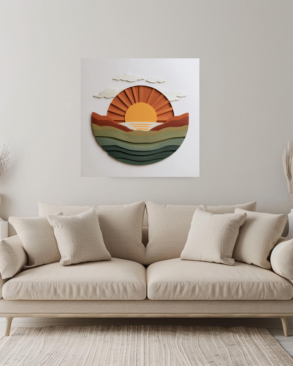 Minimalist Sun Rising Canvas, Earthy Green & Orange Wall Art, Modern Paper Art, Abstract Coastal Home Decor