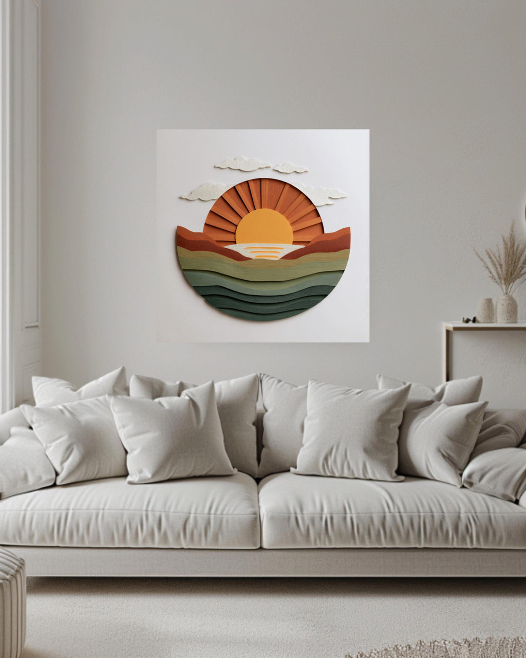 Minimalist Sun Rising Canvas, Earthy Green & Orange Wall Art, Modern Paper Art, Abstract Coastal Home Decor