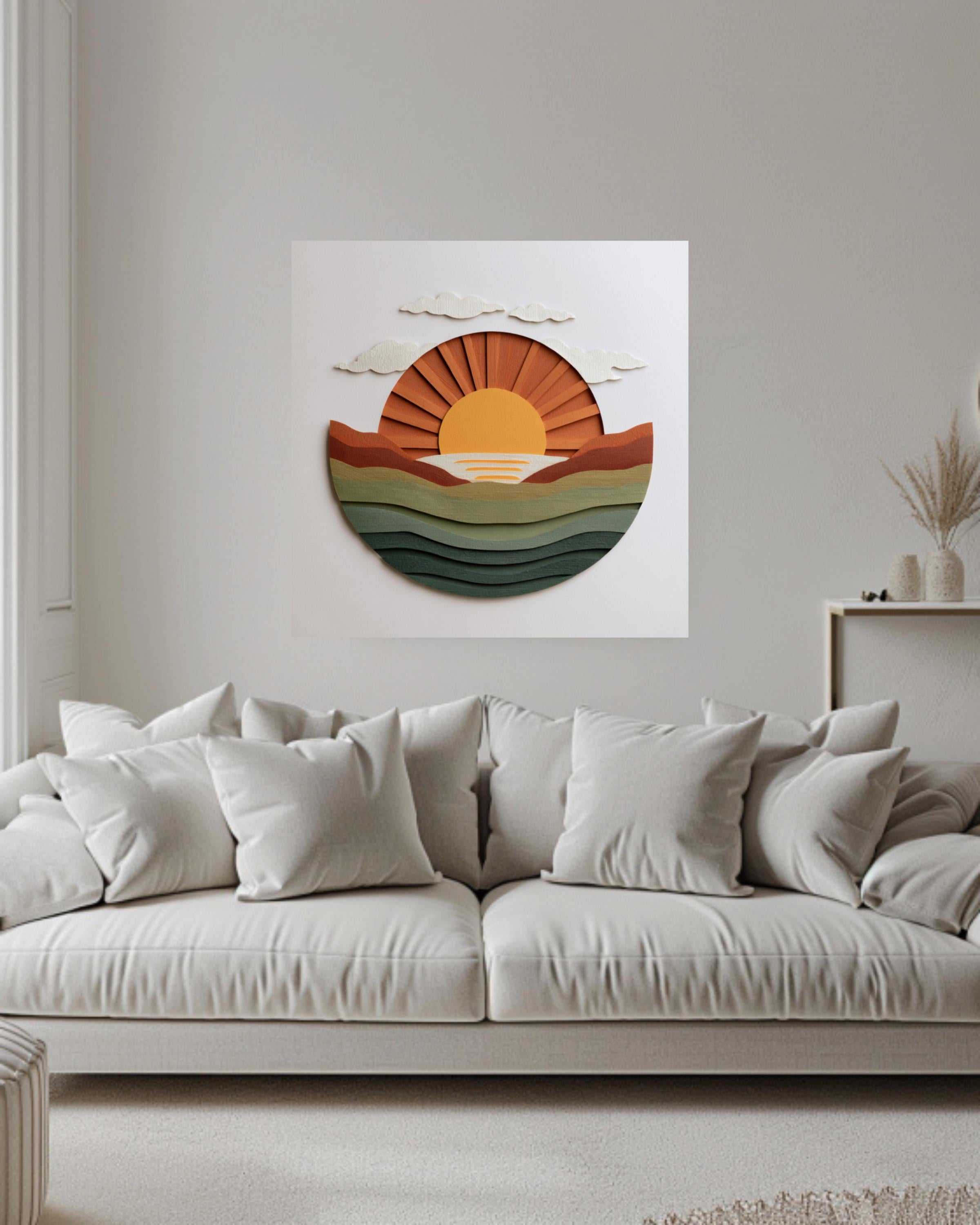 Minimalist Sun Rising Canvas, Earthy Green & Orange Wall Art, Modern Paper Art, Abstract Coastal Home Decor