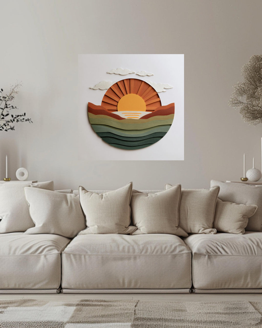 Minimalist Sun Rising Canvas, Earthy Green & Orange Wall Art, Modern Paper Art, Abstract Coastal Home Decor