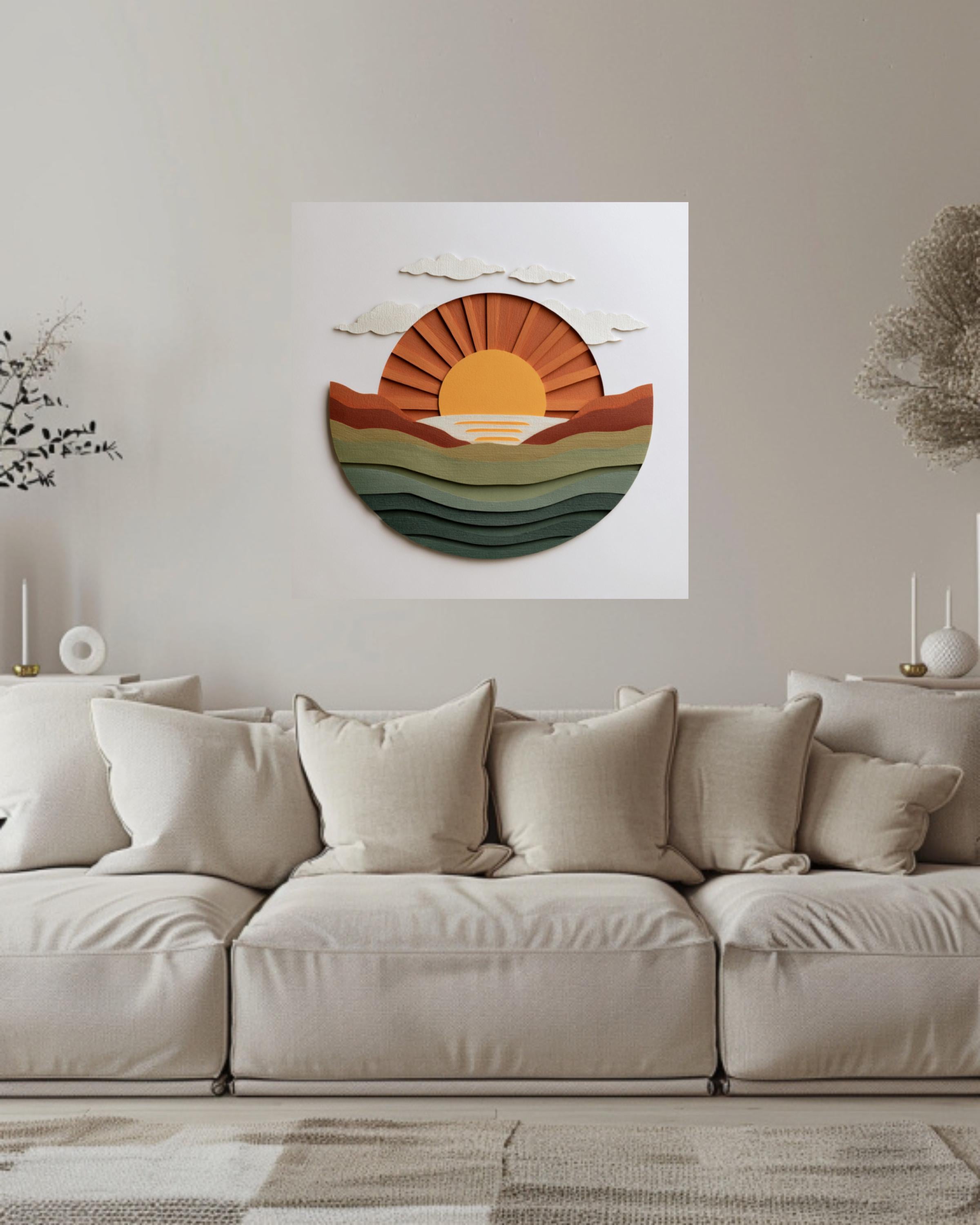 Minimalist Sun Rising Canvas, Earthy Green & Orange Wall Art, Modern Paper Art, Abstract Coastal Home Decor