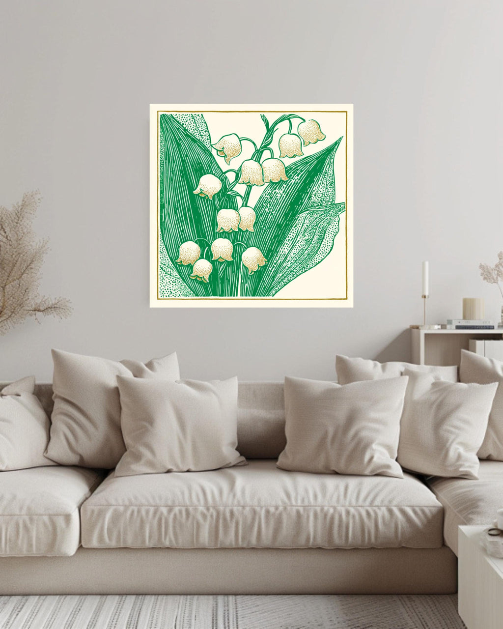 Lily of the Valley Woodcut Canvas, Minimalist Floral Wall Art, Don Blanding Style Botanical Print, Beige and Green Nature Decor