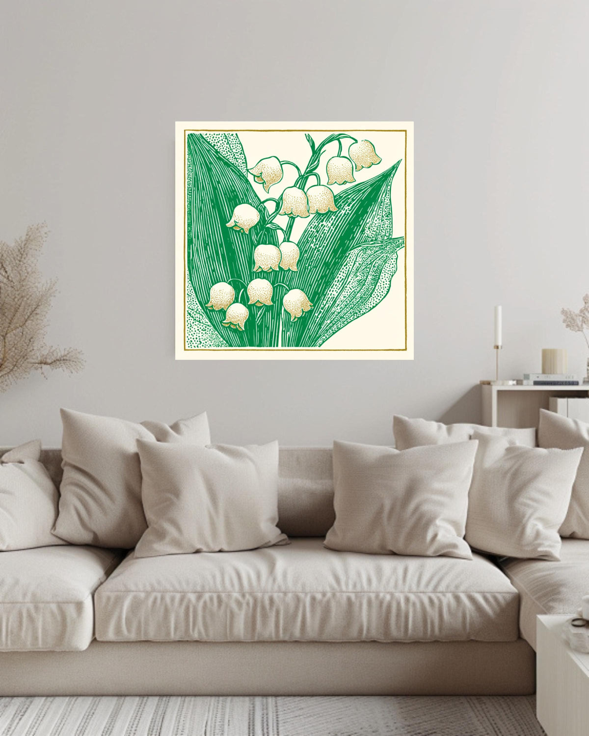 Lily of the Valley Woodcut Canvas, Minimalist Floral Wall Art, Don Blanding Style Botanical Print, Beige and Green Nature Decor