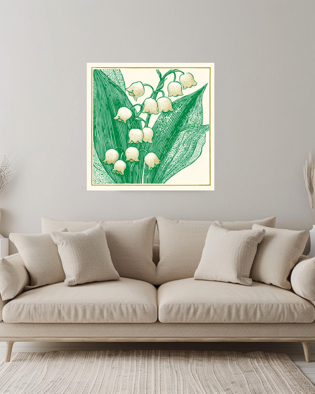 Lily of the Valley Woodcut Canvas, Minimalist Floral Wall Art, Don Blanding Style Botanical Print, Beige and Green Nature Decor