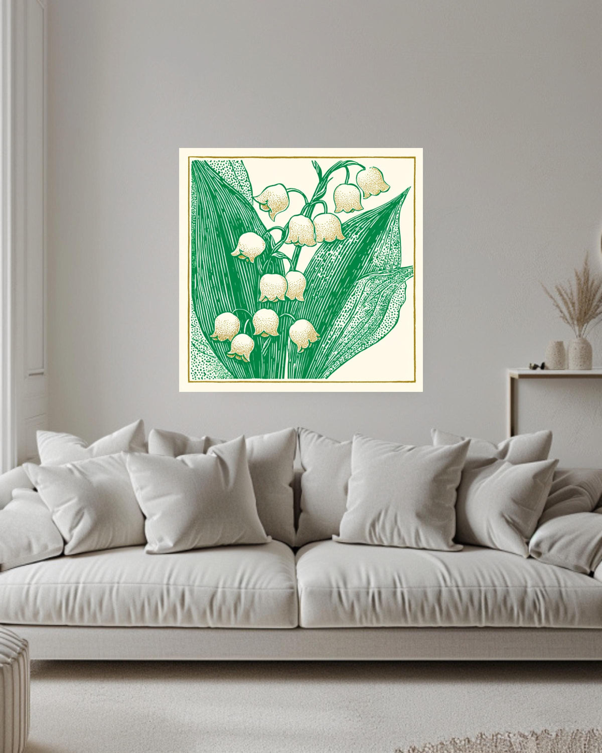 Lily of the Valley Woodcut Canvas, Minimalist Floral Wall Art, Don Blanding Style Botanical Print, Beige and Green Nature Decor