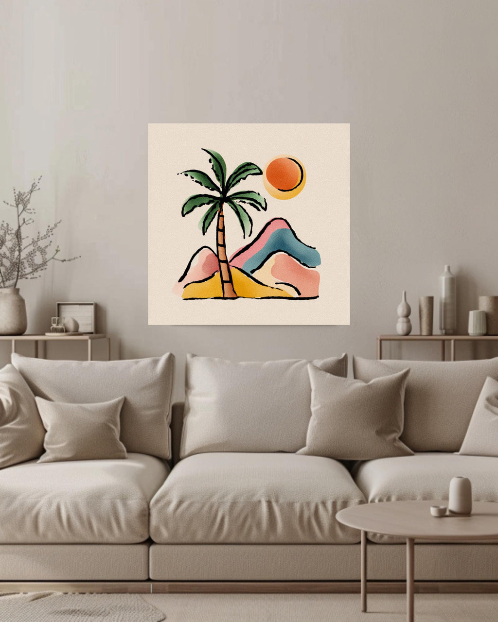 Abstract Palm Tree and Mountains Canvas, Boho Style Pastel Wall Art, Minimalist Nature Illustration, Beige Background Modern Decor