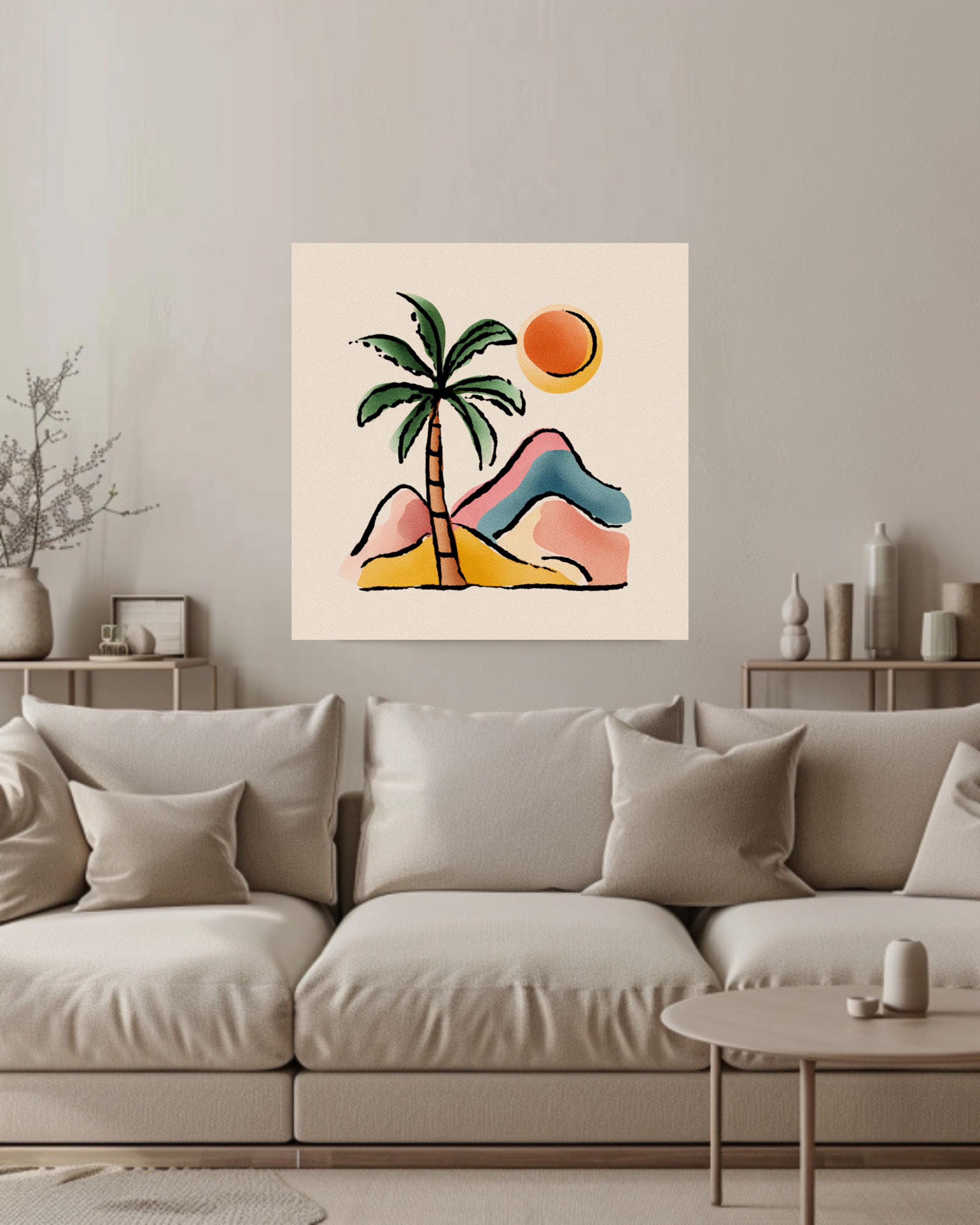 Abstract Palm Tree and Mountains Canvas, Boho Style Pastel Wall Art, Minimalist Nature Illustration, Beige Background Modern Decor