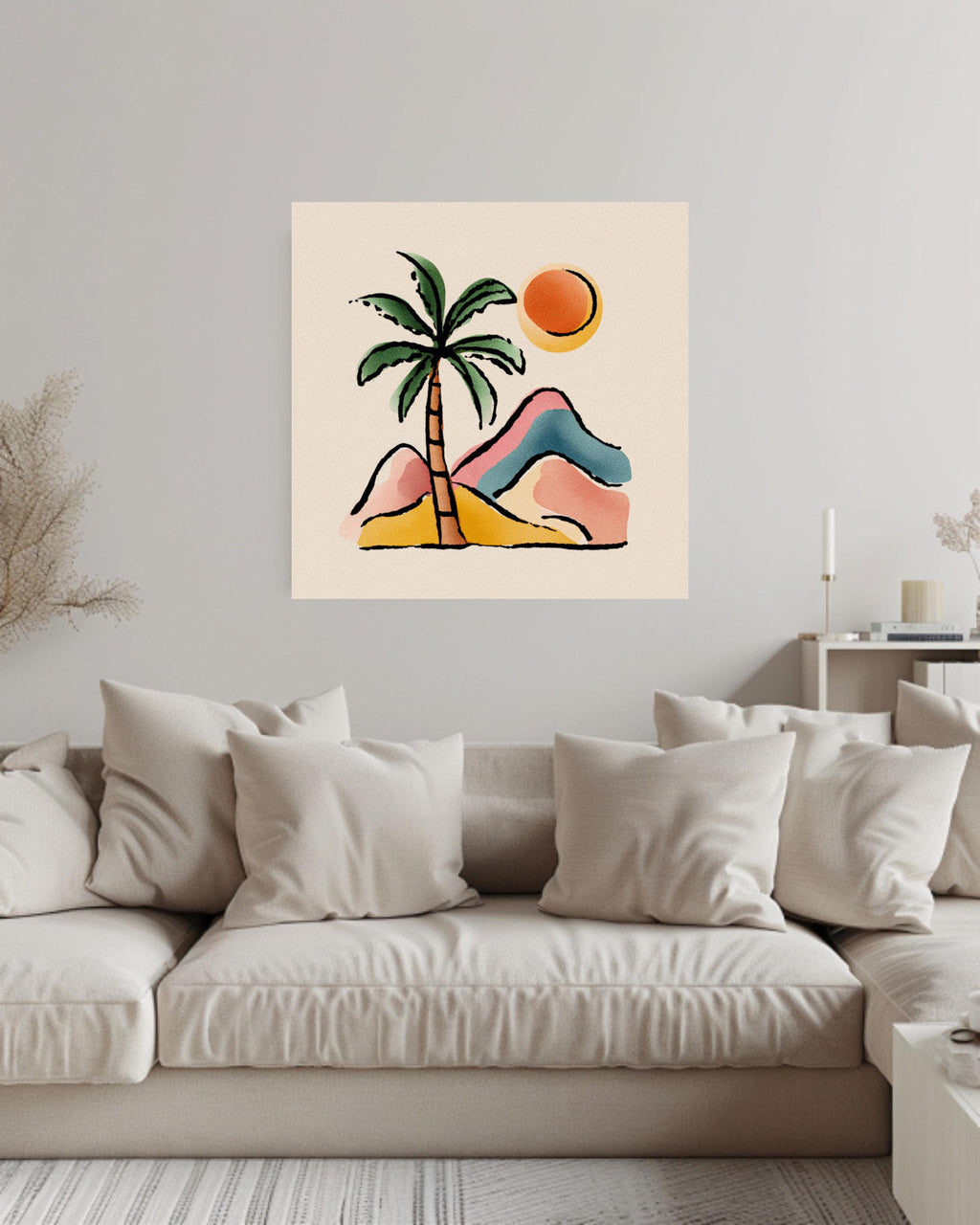 Abstract Palm Tree and Mountains Canvas, Boho Style Pastel Wall Art, Minimalist Nature Illustration, Beige Background Modern Decor