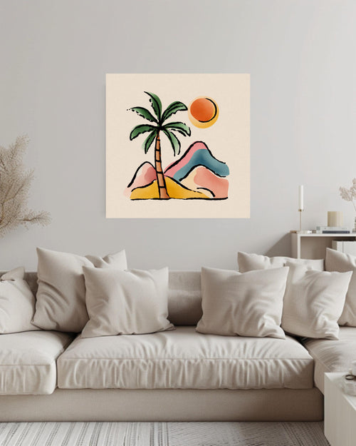 Abstract Palm Tree and Mountains Canvas, Boho Style Pastel Wall Art, Minimalist Nature Illustration, Beige Background Modern Decor