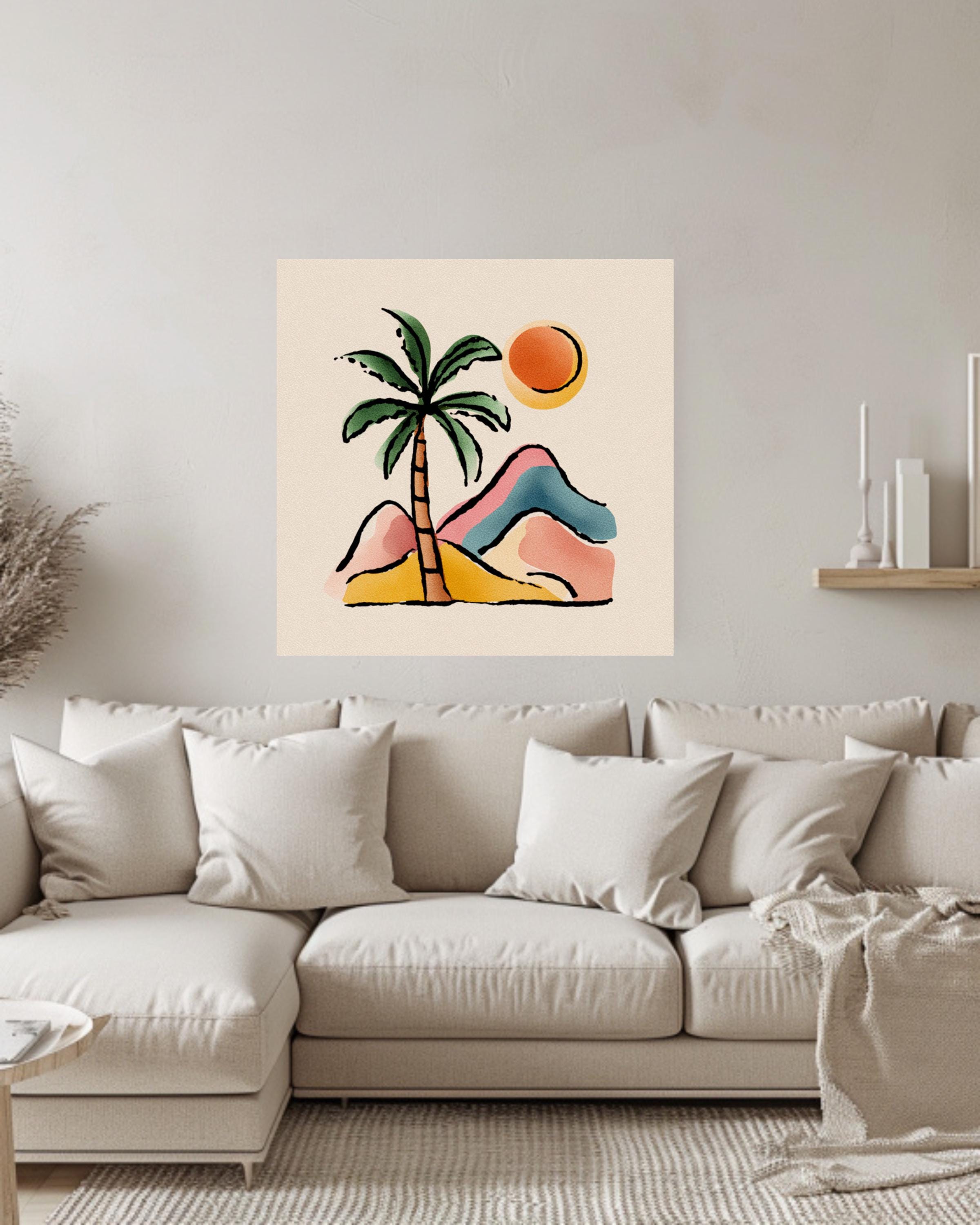 Abstract Palm Tree and Mountains Canvas, Boho Style Pastel Wall Art, Minimalist Nature Illustration, Beige Background Modern Decor