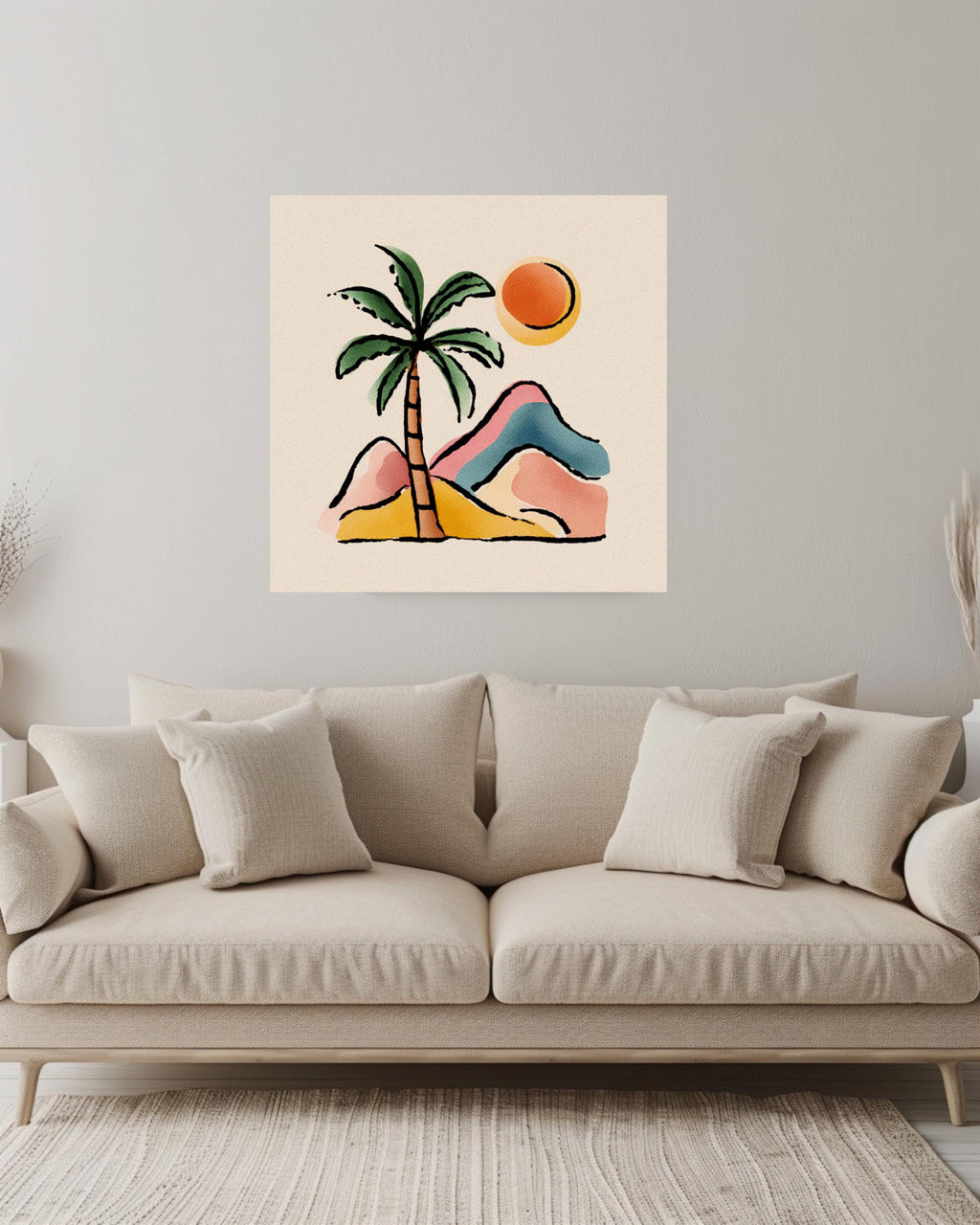 Abstract Palm Tree and Mountains Canvas, Boho Style Pastel Wall Art, Minimalist Nature Illustration, Beige Background Modern Decor
