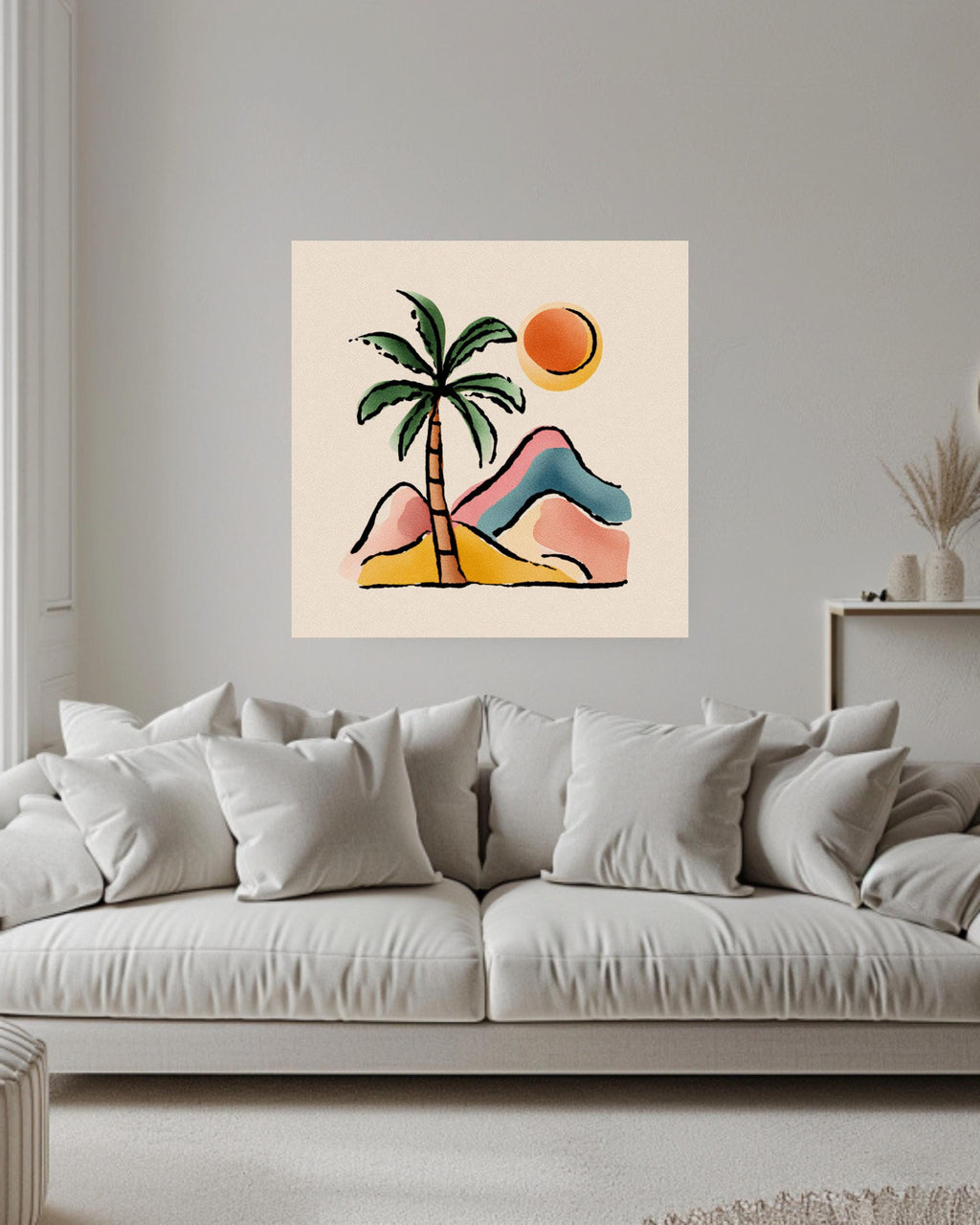 Abstract Palm Tree and Mountains Canvas, Boho Style Pastel Wall Art, Minimalist Nature Illustration, Beige Background Modern Decor