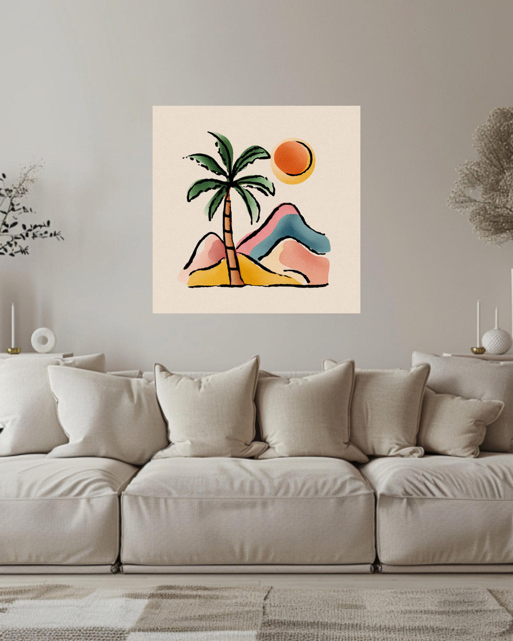 Abstract Palm Tree and Mountains Canvas, Boho Style Pastel Wall Art, Minimalist Nature Illustration, Beige Background Modern Decor