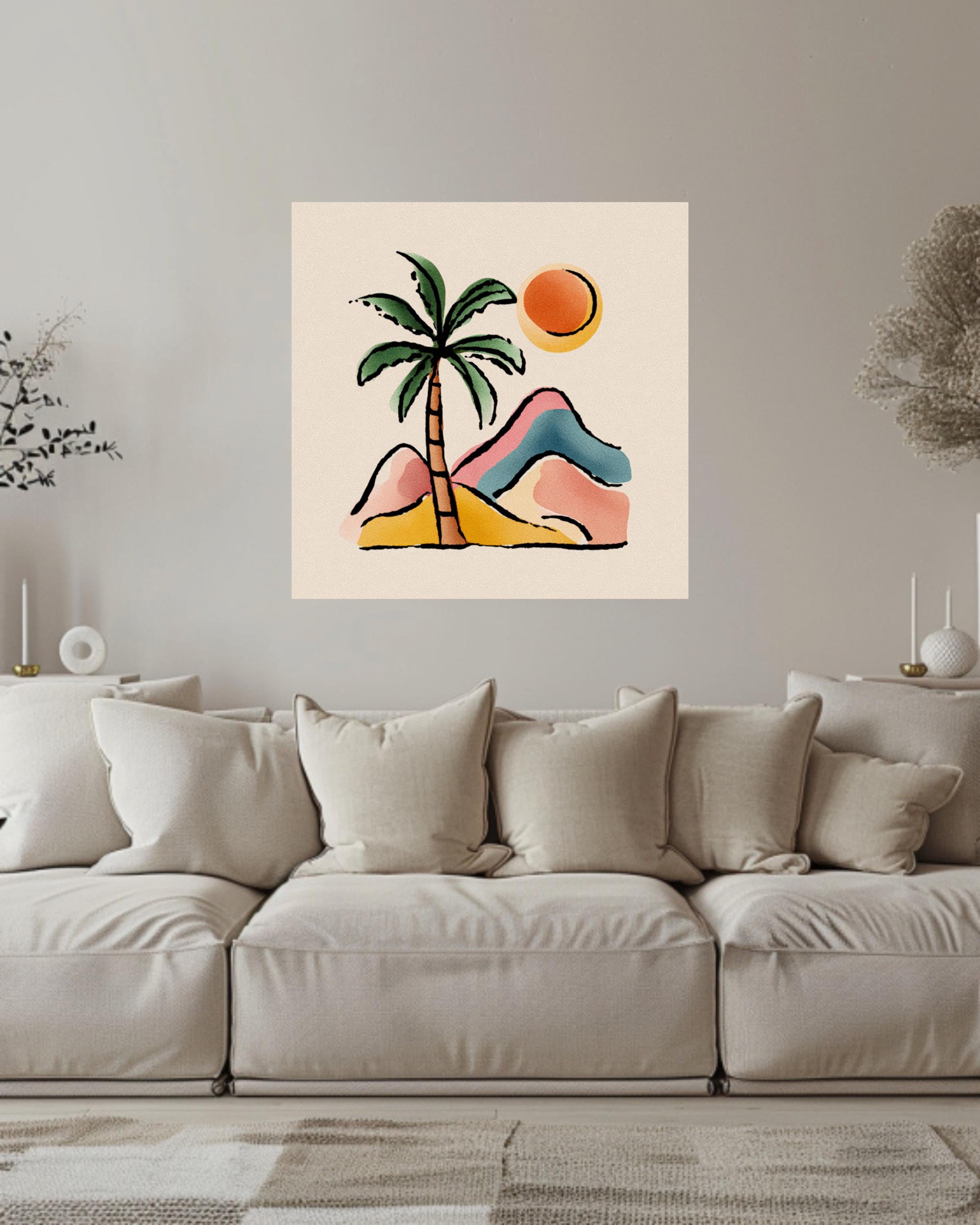 Abstract Palm Tree and Mountains Canvas, Boho Style Pastel Wall Art, Minimalist Nature Illustration, Beige Background Modern Decor