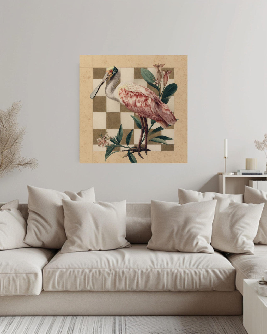 Roseate Spoonbill Colored Pencil Canvas, Audubon Matisse Style Bird Art, Earthy Toned Illustration, Flat Background Framed Wall Art