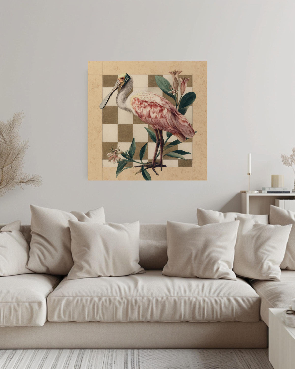 Roseate Spoonbill Colored Pencil Canvas, Audubon Matisse Style Bird Art, Earthy Toned Illustration, Flat Background Framed Wall Art