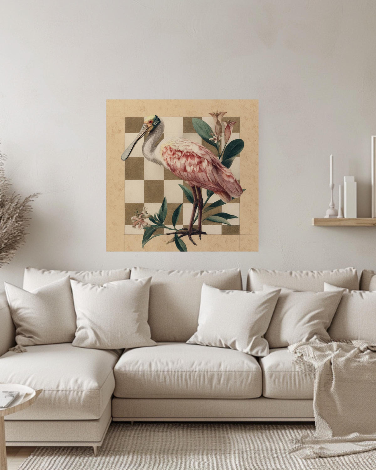 Roseate Spoonbill Colored Pencil Canvas, Audubon Matisse Style Bird Art, Earthy Toned Illustration, Flat Background Framed Wall Art