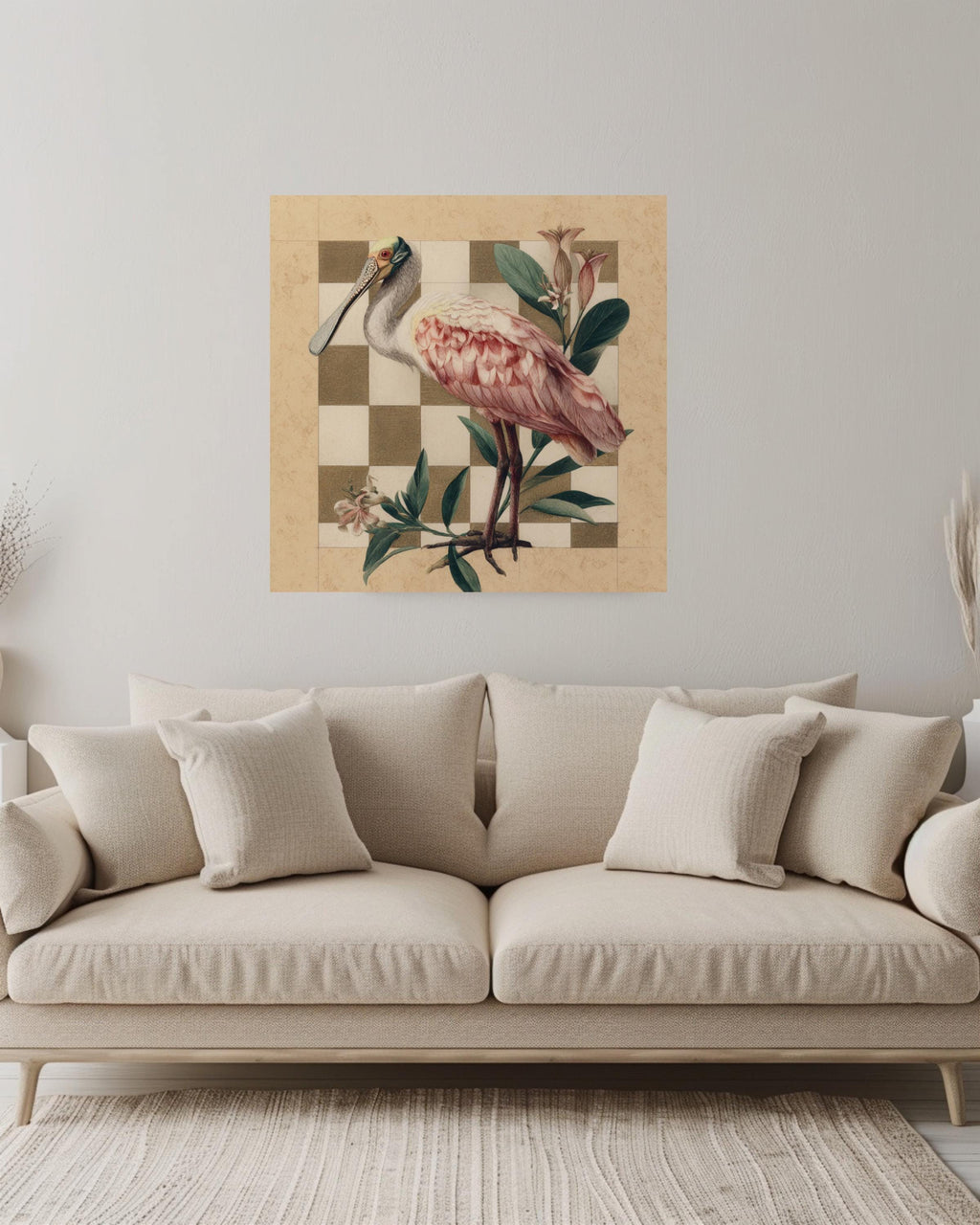 Roseate Spoonbill Colored Pencil Canvas, Audubon Matisse Style Bird Art, Earthy Toned Illustration, Flat Background Framed Wall Art