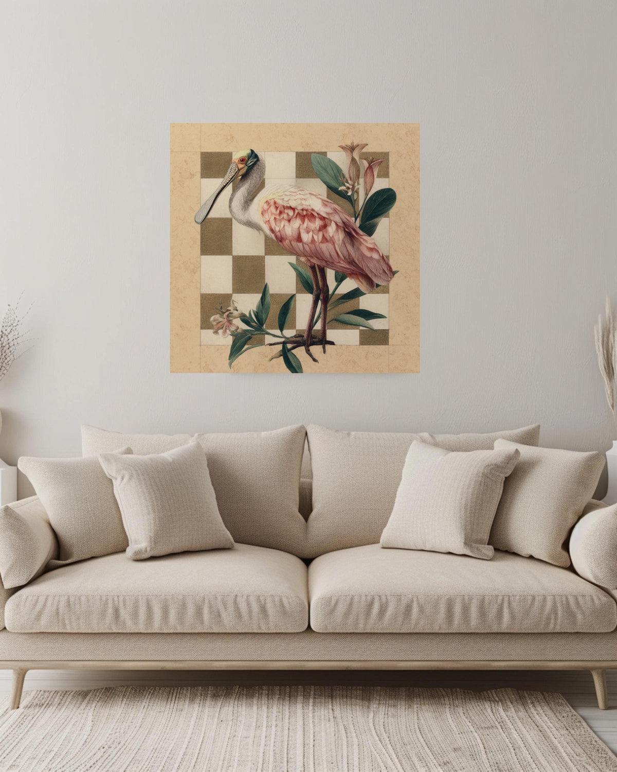 Roseate Spoonbill Colored Pencil Canvas, Audubon Matisse Style Bird Art, Earthy Toned Illustration, Flat Background Framed Wall Art