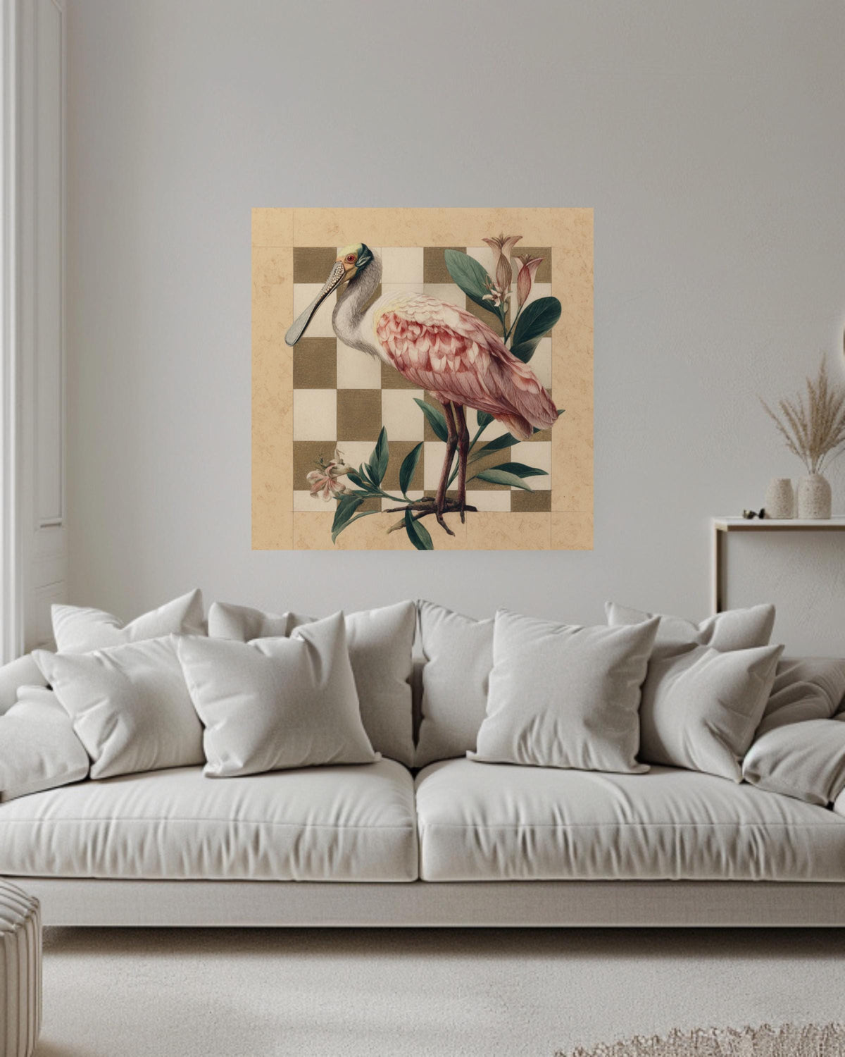 Roseate Spoonbill Colored Pencil Canvas, Audubon Matisse Style Bird Art, Earthy Toned Illustration, Flat Background Framed Wall Art