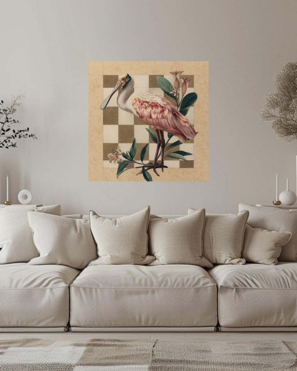 Roseate Spoonbill Colored Pencil Canvas, Audubon Matisse Style Bird Art, Earthy Toned Illustration, Flat Background Framed Wall Art