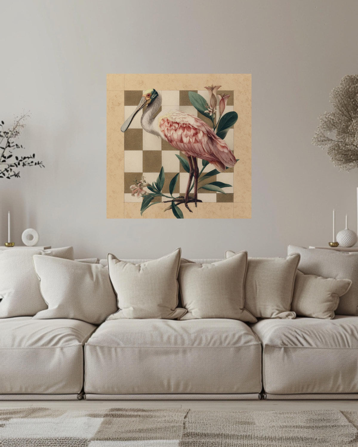 Roseate Spoonbill Colored Pencil Canvas, Audubon Matisse Style Bird Art, Earthy Toned Illustration, Flat Background Framed Wall Art