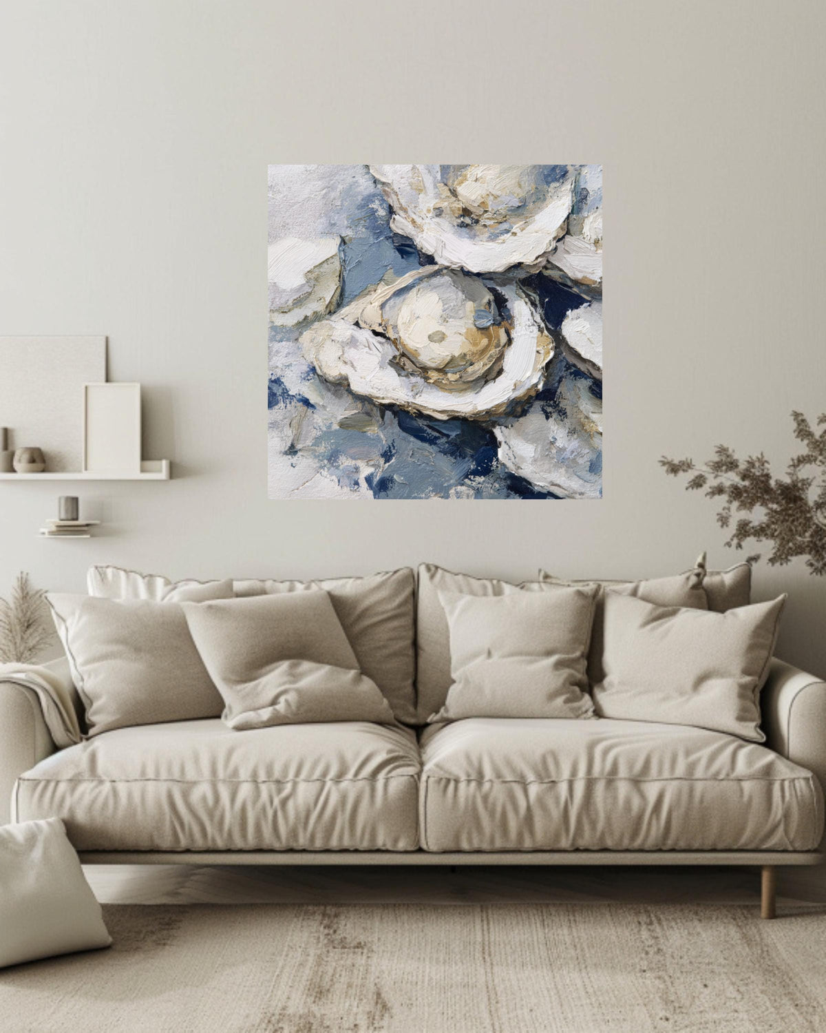 Oyster Oil Painting Canvas, Vintage Seafood Wall Art, Detailed Oyster Bed Illustration, Soft Tones Blue Gray Framed Artwork