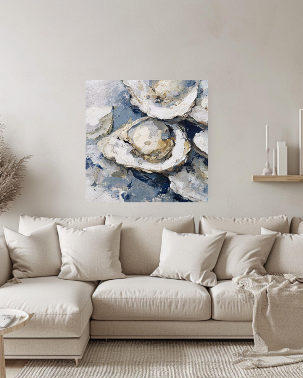 Oyster Oil Painting Canvas, Vintage Seafood Wall Art, Detailed Oyster Bed Illustration, Soft Tones Blue Gray Framed Artwork