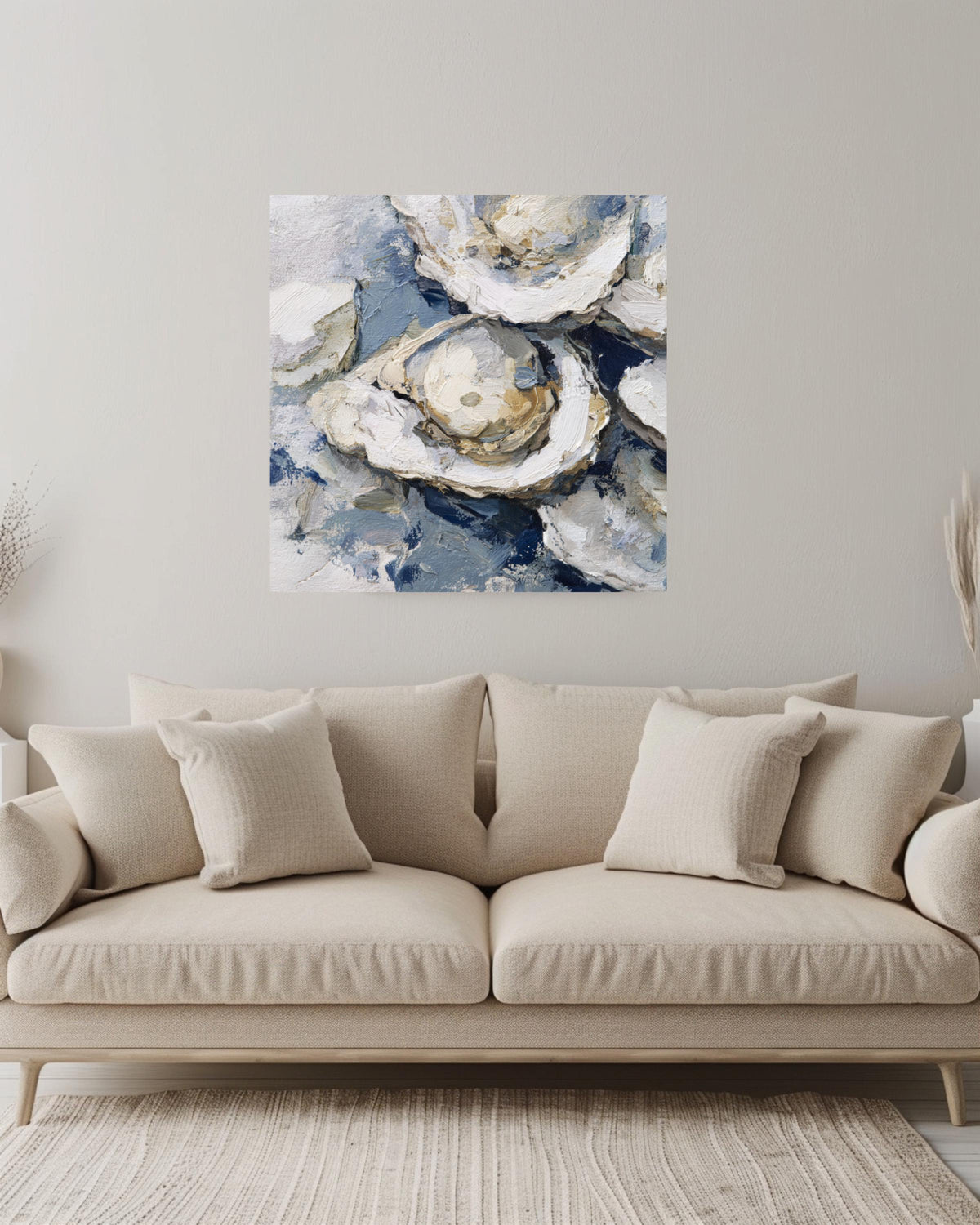 Oyster Oil Painting Canvas, Vintage Seafood Wall Art, Detailed Oyster Bed Illustration, Soft Tones Blue Gray Framed Artwork