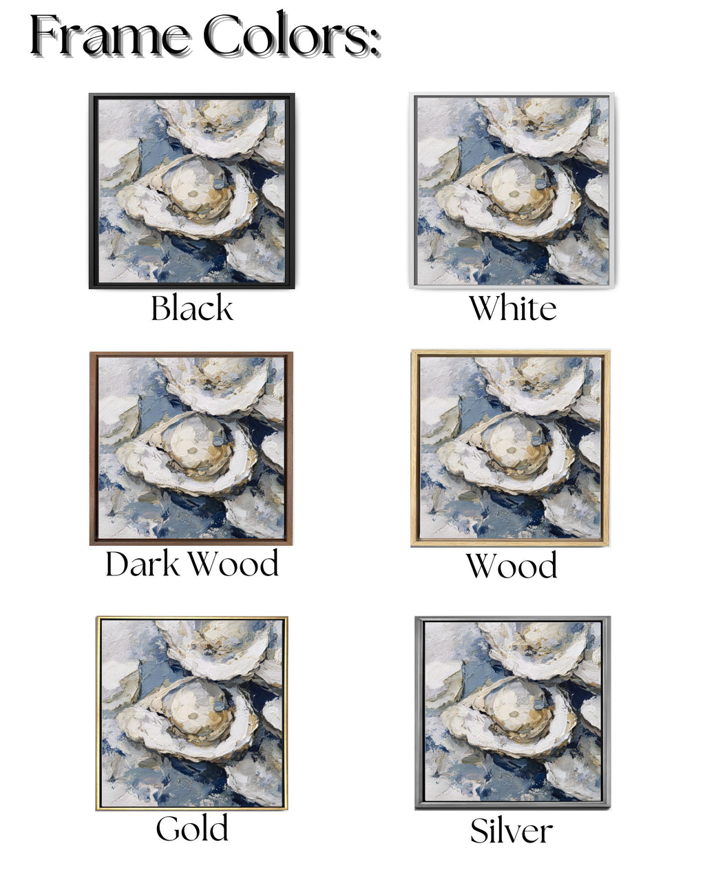 Oyster Oil Painting Canvas, Vintage Seafood Wall Art, Detailed Oyster Bed Illustration, Soft Tones Blue Gray Framed Artwork