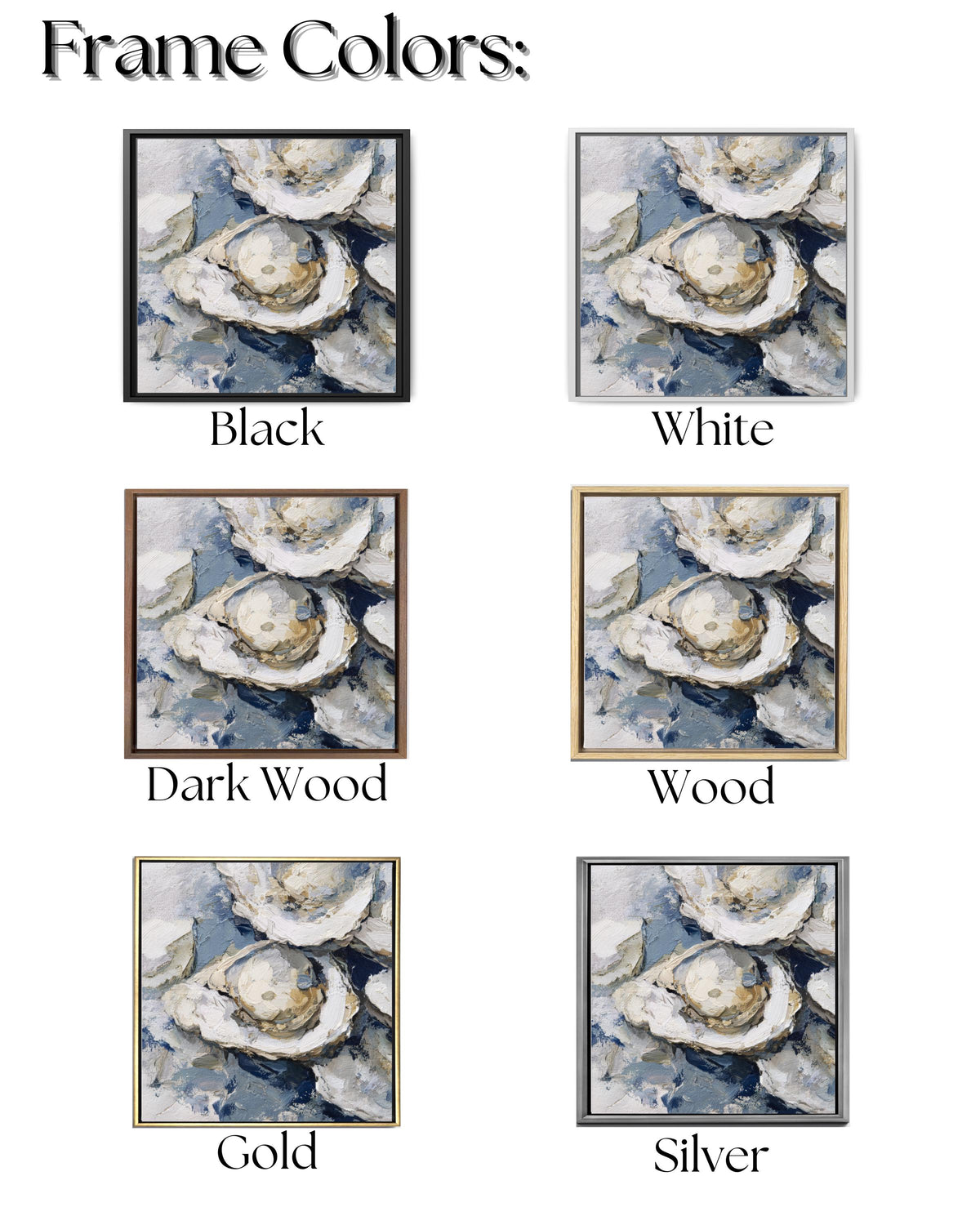 Oyster Oil Painting Canvas, Vintage Seafood Wall Art, Detailed Oyster Bed Illustration, Soft Tones Blue Gray Framed Artwork