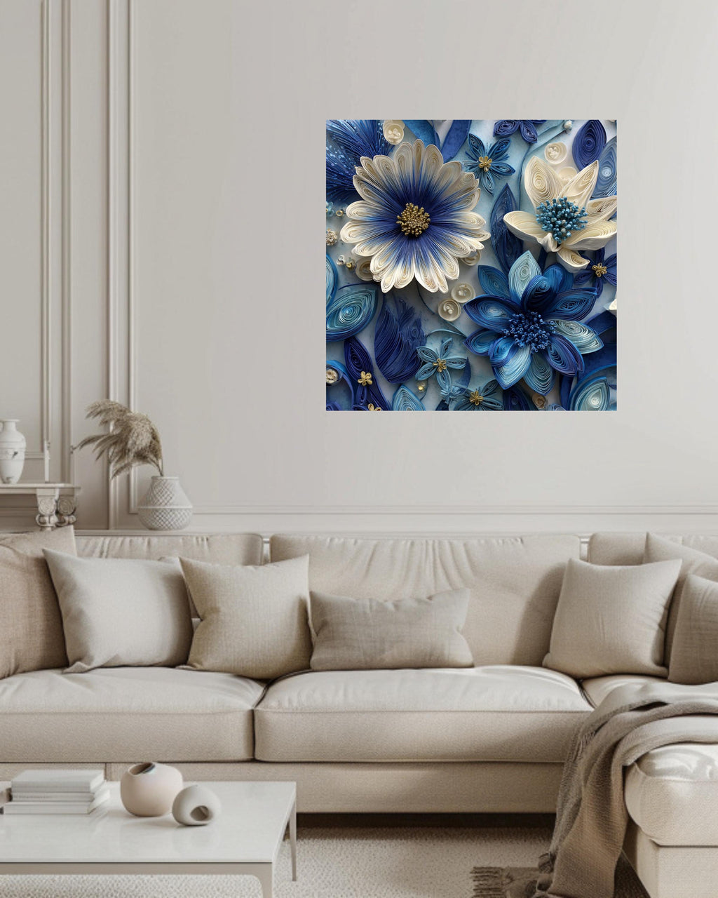 Blue and White Paper Quilling Flowers Canvas, Intricate Floral Art, Handmade 3D Wall Decor, Modern Botanical Framed Artwork